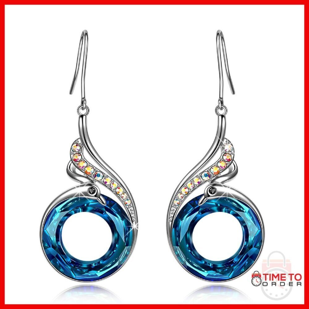 Sterling Silver Phoenix Dangle Earrings with Austrian Crystals, Gift Box